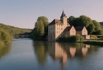In the center of a serene lake, a beautiful castle rests on a small island
