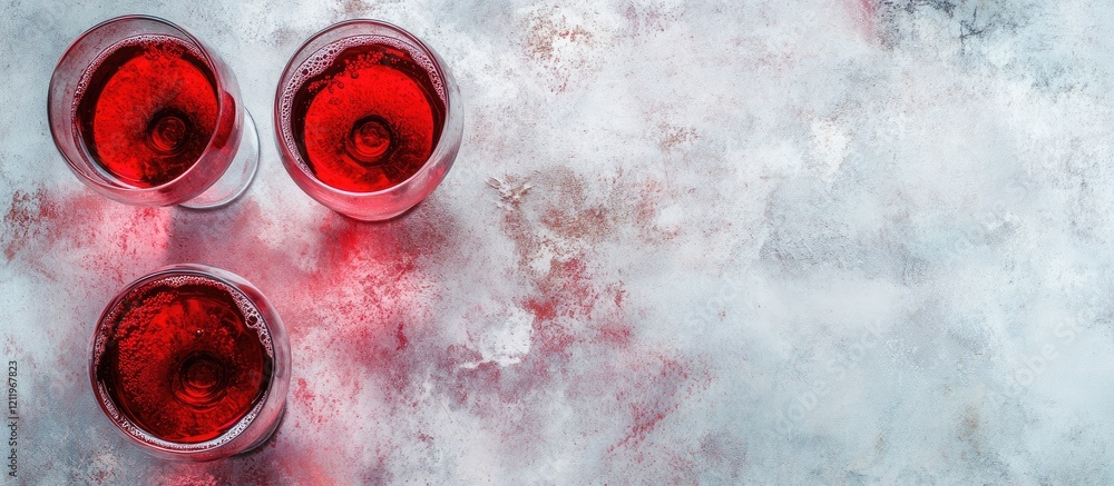Aufkleber Elegantly arranged wine glasses filled with red wine on a textured surface with ample space for custom text or branding.