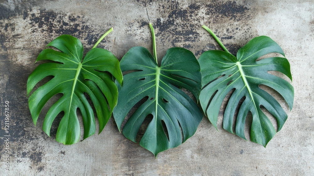Poster tropical monstera leaves arranged on rustic wooden surface providing natural texture and space for c