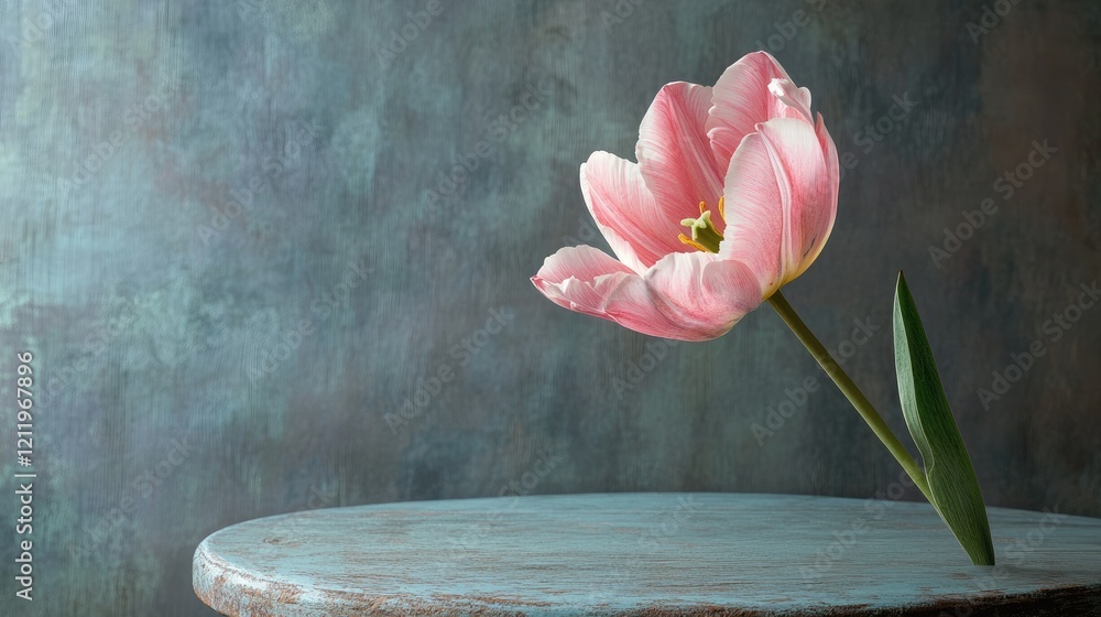 Poster Elegant pink tulip resting on a rustic table against a softly blurred background, highlighting natural beauty and tranquility.