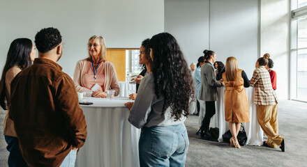 Corporate event with diverse attendees enjoying refreshments and networking