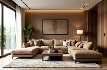Stylish, modern living room in mocha mousse color