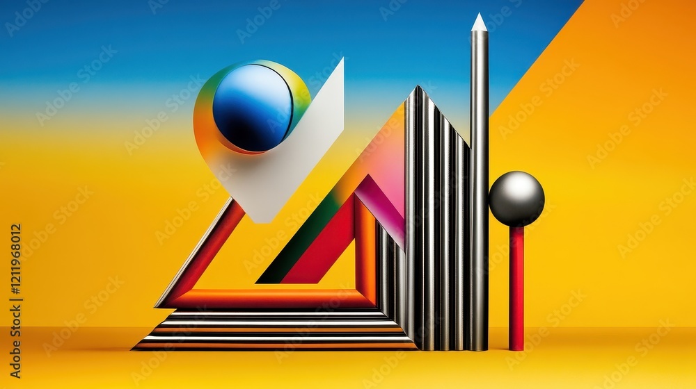 Poster vibrant three-dimensional shapes featuring colorful forms and dynamic elements against a bright back