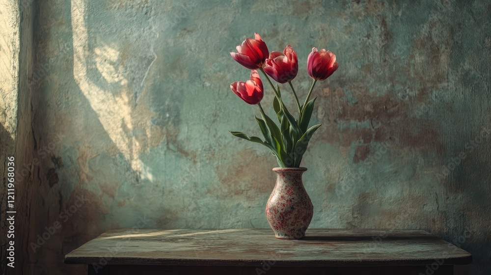 Poster red tulips in a vintage vase on a rustic table against a textured wall background showcasing natural