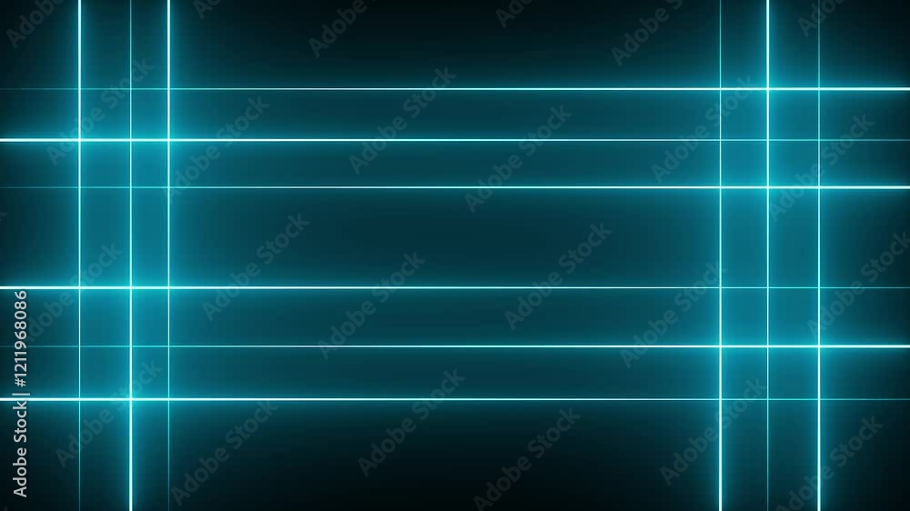 Poster glowing neon line lights digital animation on black background in cyan color. 4k motion graphics ani