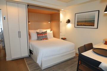 Cozy Minimalist Studio Apartment with Murphy Bed and Warm Lighting, Featuring Clean Surfaces and Off-White Walls for a Welcoming Atmosphere