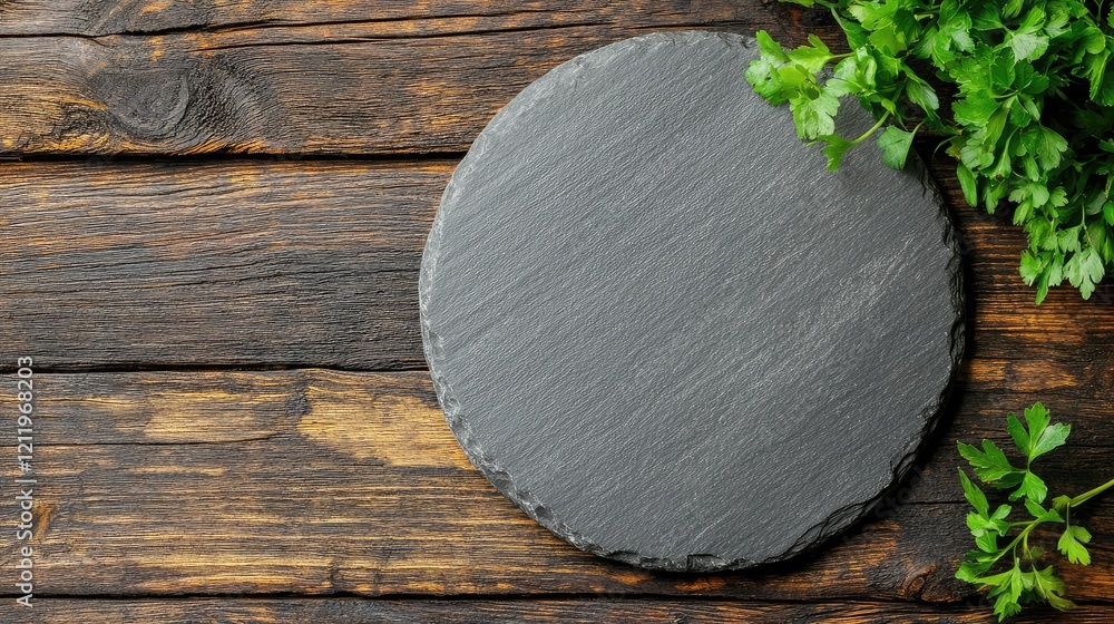 Poster circular slate stone plate atop dark rustic wooden surface with fresh green parsley leaves arranged 