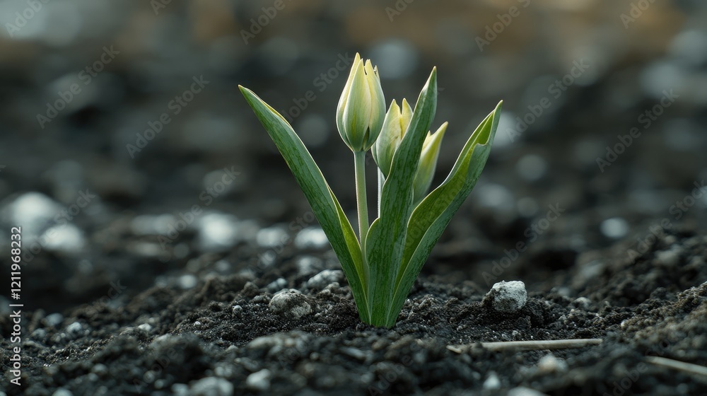 Poster budding tulip flowers emerging from the soil in a tranquil garden setting during springtime growth