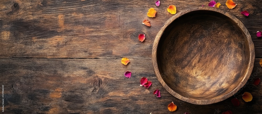 Poster rustic wooden bowl top view on dark stained table surrounded by colorful flower petals vibrant food 