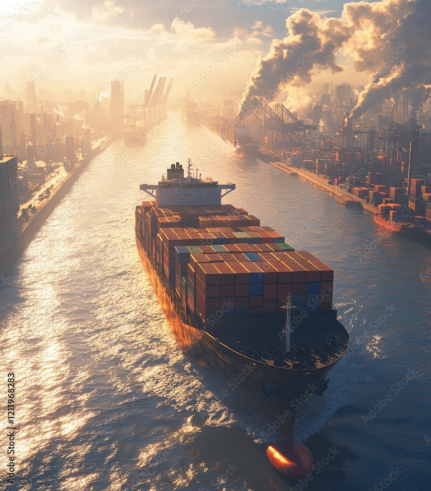 Poster captivating aerial view of a container ship navigating a busy shipping channel with city skyline and