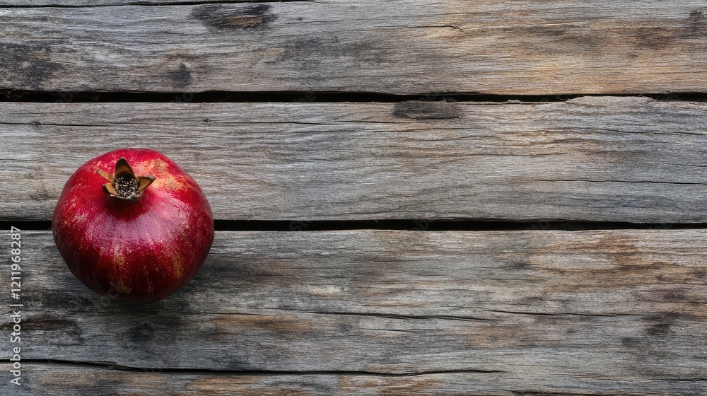 Poster rustic top view of a vibrant red pomegranate resting on a weathered wooden surface, highlighting nat