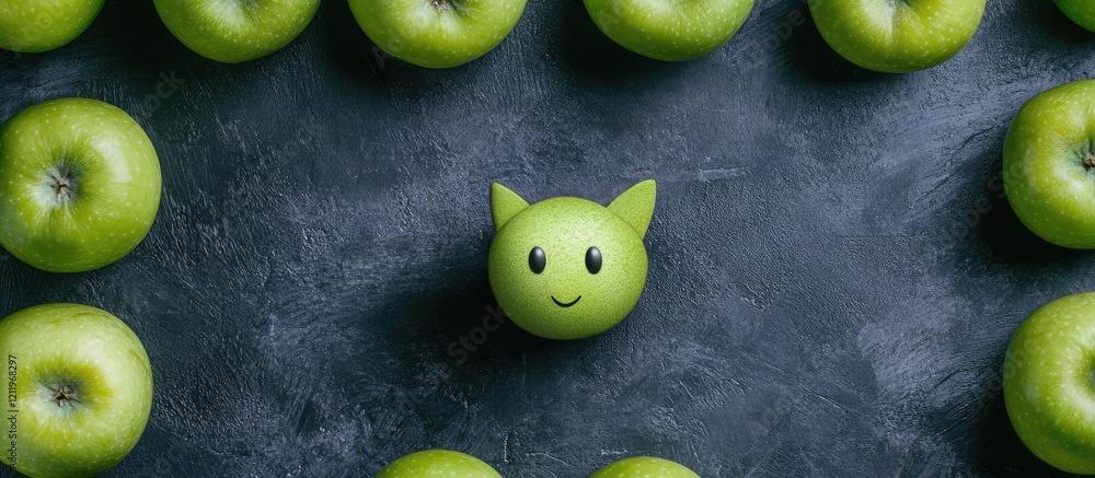 Aufkleber Vibrant green apples arranged in a circular pattern on a dark stone surface with playful smiling apple in the center creating an inviting blank space for text