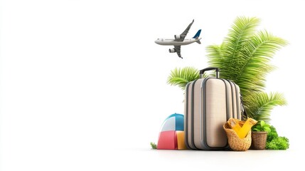 Travel Essentials with Luggage, Plane, and Tropical Plants for Vacation