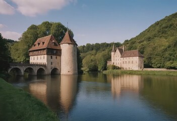 Fototapeta premium In the center of a serene lake, a beautiful castle rests on a small island