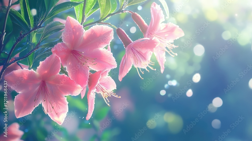 Poster serene pink orchids blooming in a tropical setting with soft bokeh background and gentle light creat