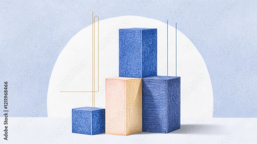 Poster colorful three-dimensional blocks in dynamic arrangement against a soft background