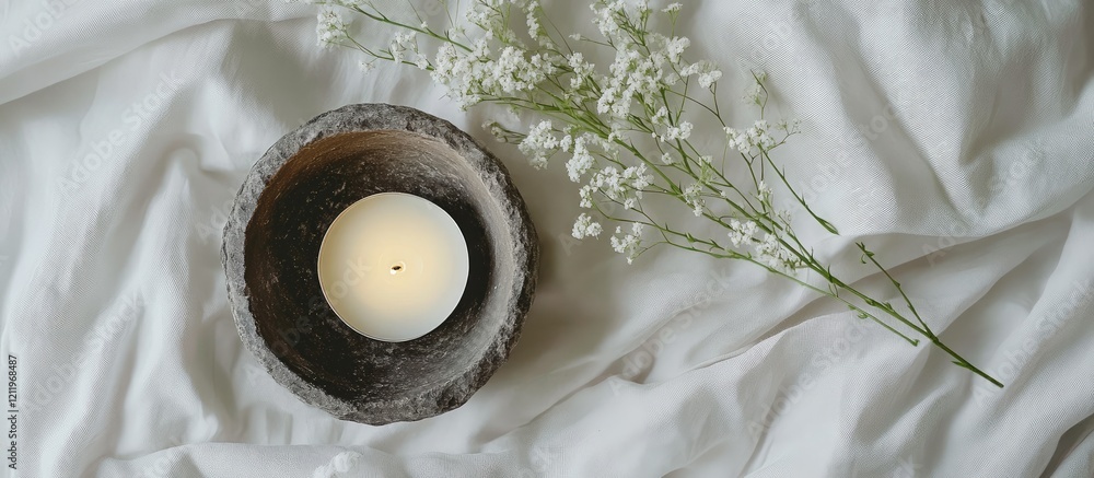 Poster cracked stone bowl with white candle and delicate linaria branch on soft white bedding minimalist li