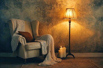 Cozy Reading Nook Featuring a Comfortable Armchair and Warm Evening Lighting with Textured Plaster Wall in a Serene Atmosphere Perfect for Relaxation and Reflection