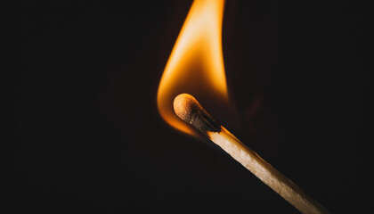 Burning match stick on dark black background.