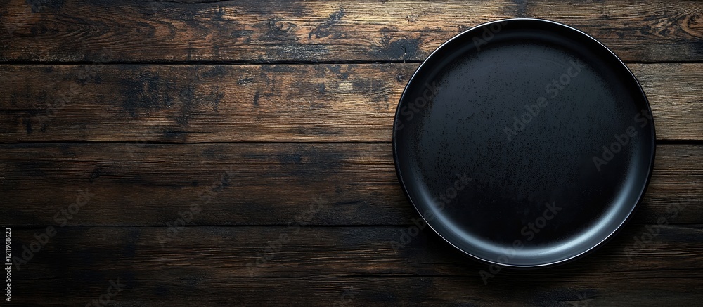 Aufkleber elegant black plate positioned on rustic wooden table with dark tones and ample blank space for text