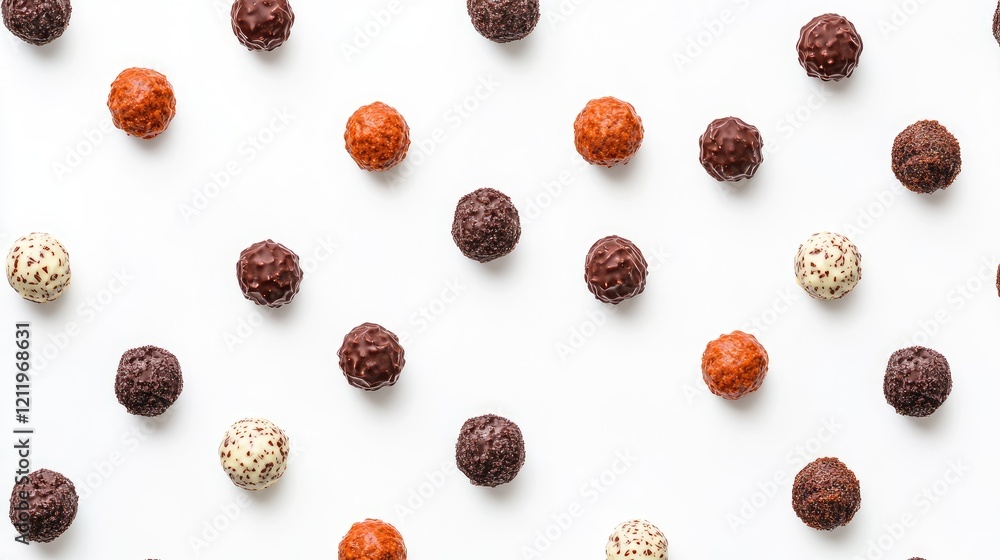 Poster assorted praline truffles arranged in a creative pattern on a clean white background showcasing a va