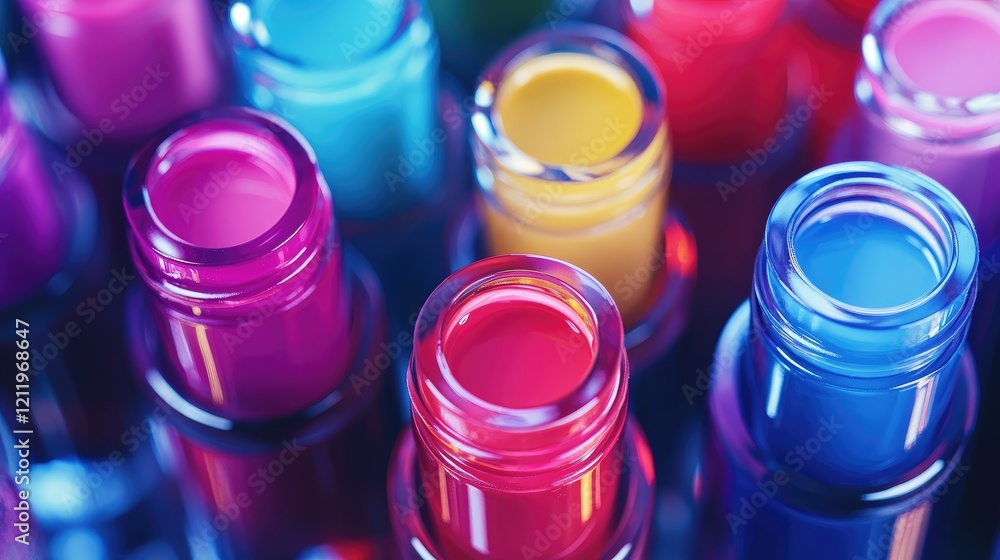 Poster vibrant close up of assorted colorful nail polish bottles showcasing a range of hues and reflections