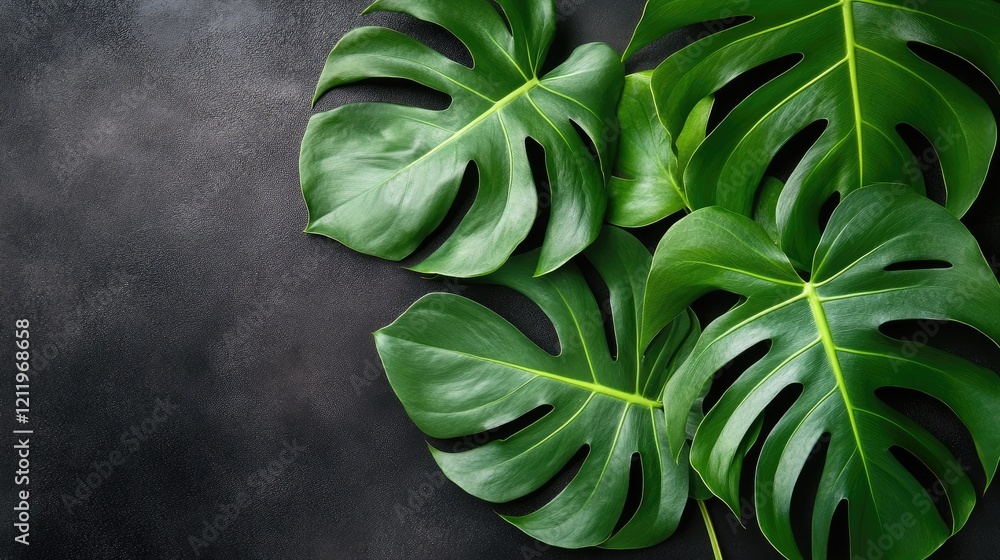 Poster lush tropical green leaves against a dark textured background creating a vibrant and elegant natural