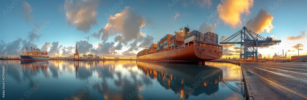 Poster captivating sunset over a busy port with large container ships docked, cranes in the background, and