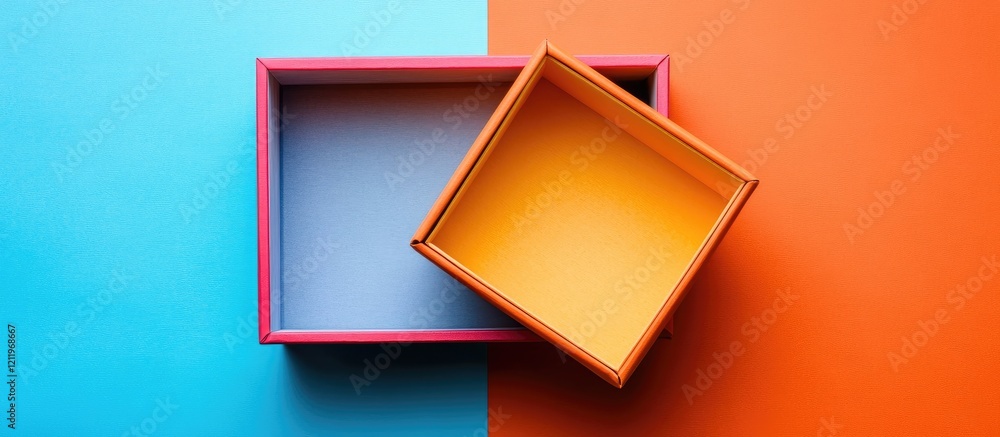 Aufkleber Vibrant top view of an open gift box on a split background of turquoise and orange, showcasing a joyful occasion with colorful empty space for text.