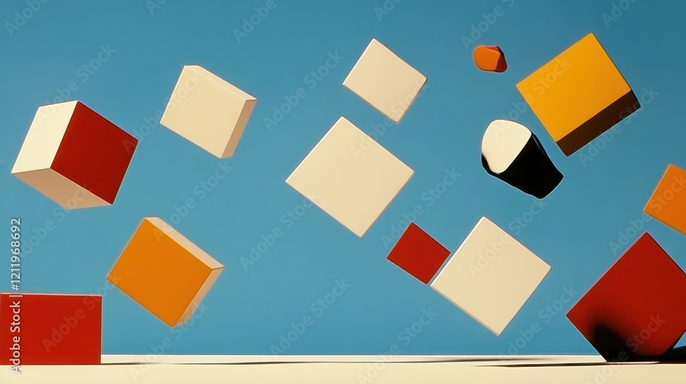 Poster dynamic three-dimensional composition of colorful floating shapes against a bright blue background