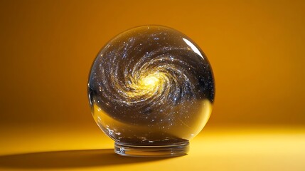 Swirling galaxy contained in a glass sphere on a pitchyellow background