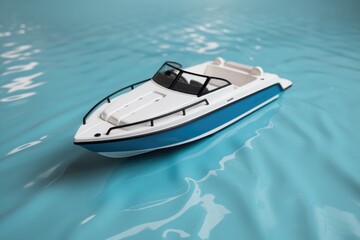 A pristine white and blue speedboat floats serenely on calm, turquoise water.