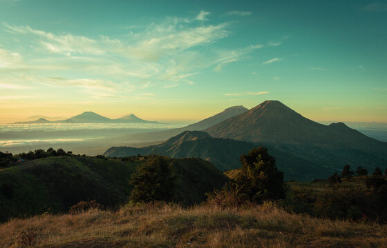 Mountain landscape in the morning , the scenery was taken at sunrise campe Mt.Prau , Indonesia . 