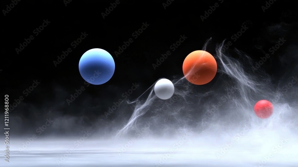 Aufkleber colorful three-dimensional spheres in dynamic motion with mist effect on black background