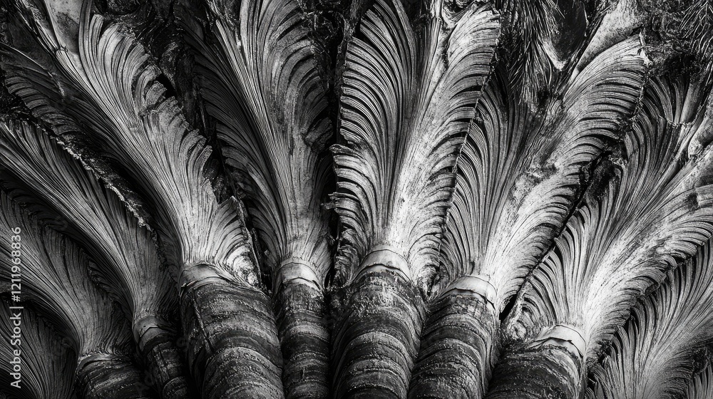 Poster detailed texture of palm tree trunk and canopy showcasing intricate patterns in black and white for 