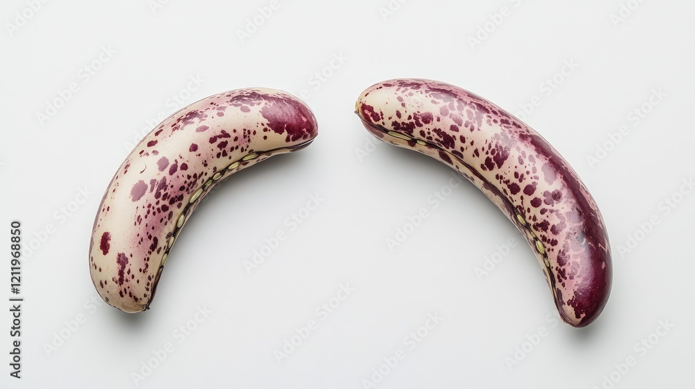 Poster close-up top view of two speckled burgundy and cream kidney beans arranged diagonally on a clean whi
