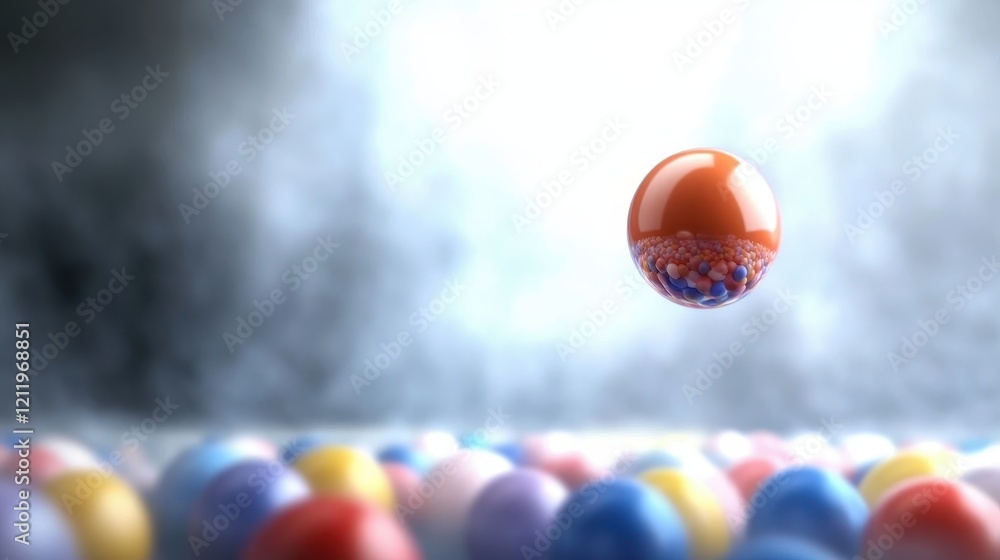 Poster vibrant three-dimensional spheres in dynamic and colorful display against a misty background