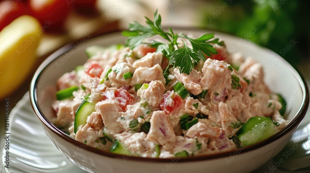 Poster fresh and colorful tuna salad with vegetables served in a bowl garnished with herbs for a nutritious