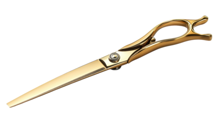 Shimmering golden scissors resting on a simple surface, reflecting light in a stylish design