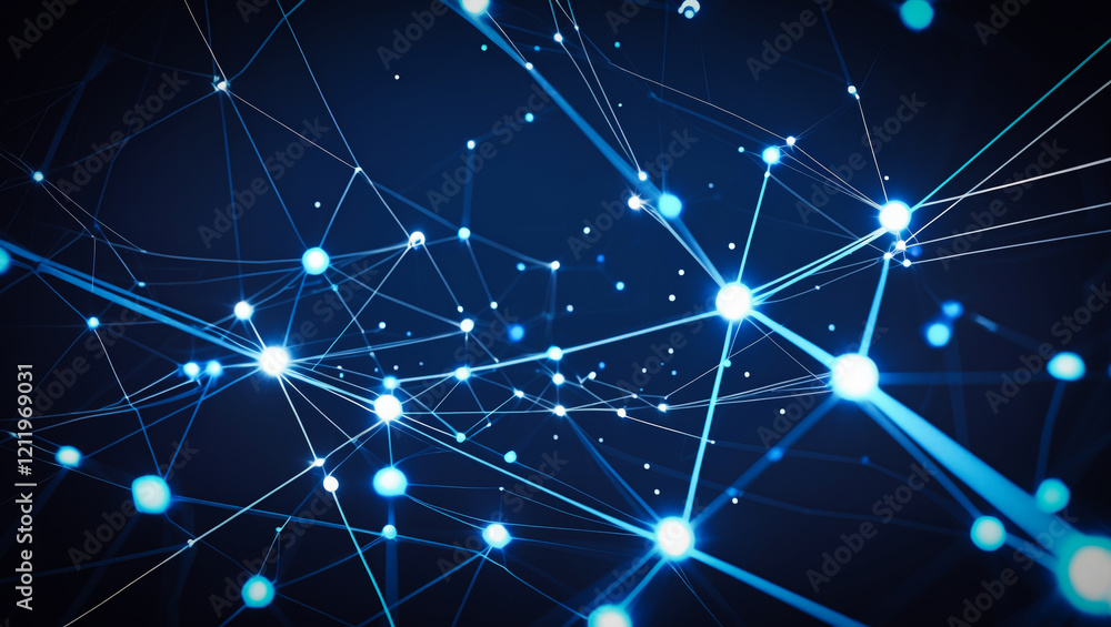 Poster a dynamic layout featuring a network of interconnected lines and nodes against a dark blue backgroun