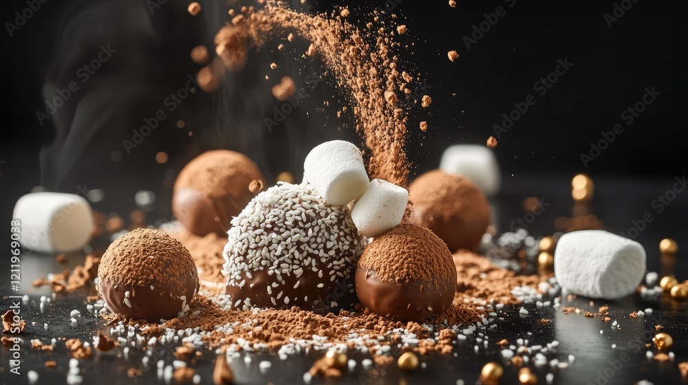 Poster decadent chocolate truffles coated in coconut and sesame seeds with marshmallows creating a gourmet 