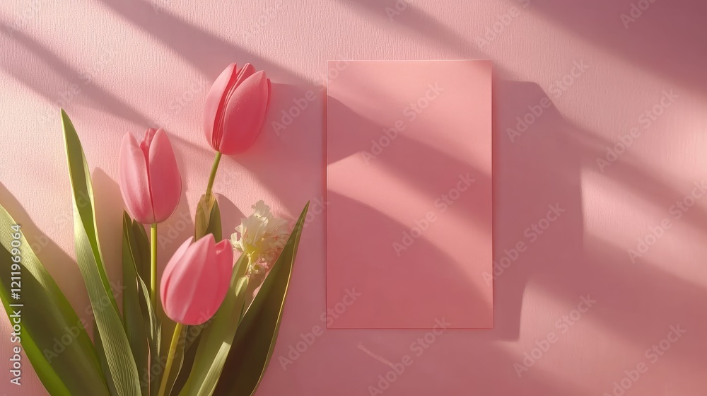 Poster tulip flowers with postcard and envelope on soft pink background ideal for greetings and invitations