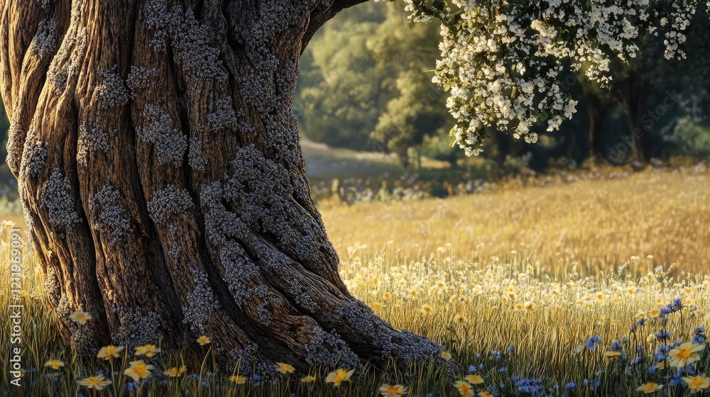 Poster closeup of textured tree trunk with blooming meadow and sunlight creating a serene natural landscape