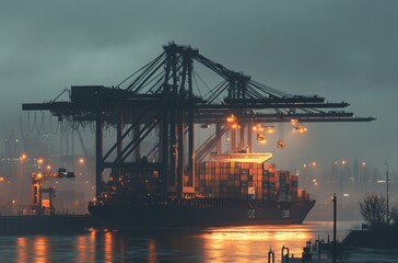 Cargo Ship Unloading Containers at Port During Foggy Dawn with Illuminated Cranes and Industrial Background, Creating a Moody Maritime Atmosphere in Early Morning Light