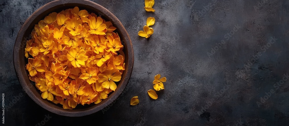 Poster blooming golden tulip flowers in a brown pot on a dark textured background with scattered petals and