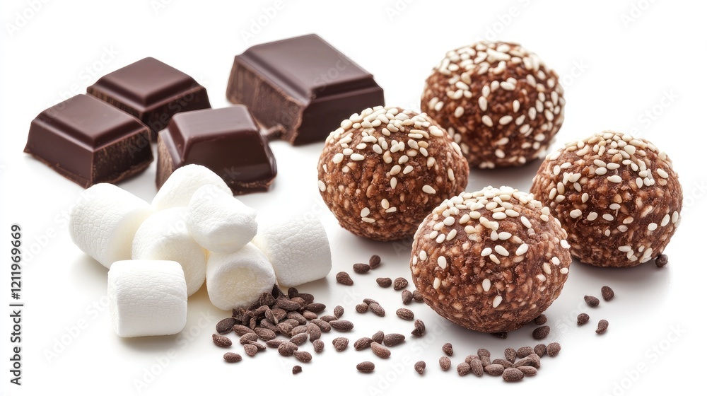 Aufkleber Delicious truffles coated in cocoa and sesame seeds accompanied by chocolate, marshmallows, and cocoa nibs on a white backdrop
