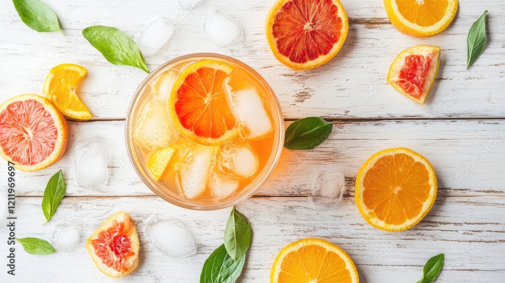 Aufkleber citrus fruit iced tea in a glass with ice on a white wooden table surrounded by fresh orange and gra