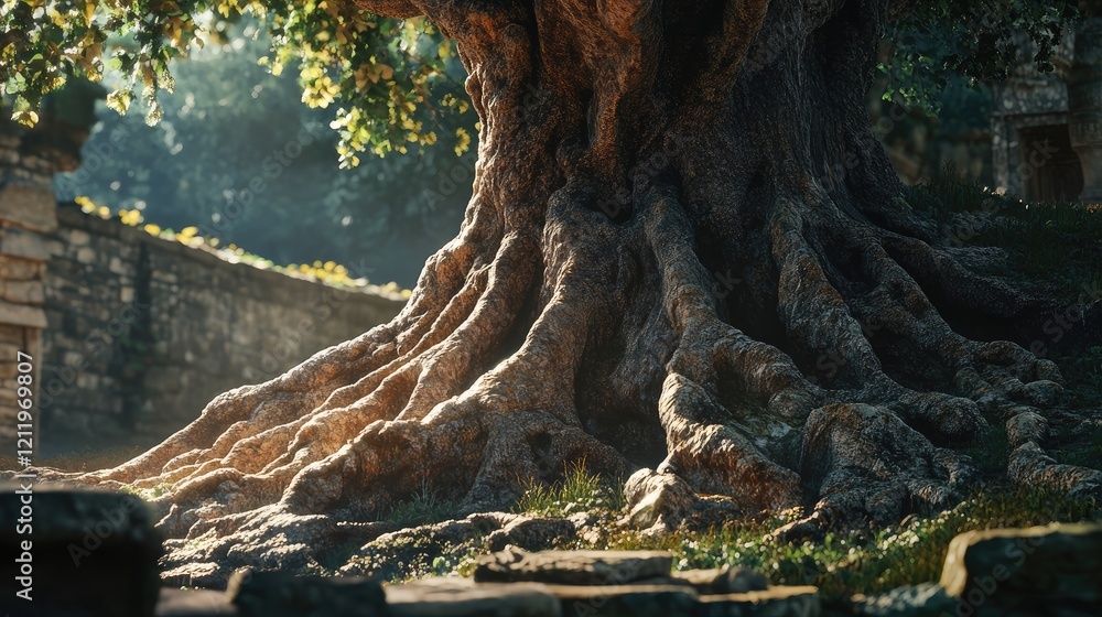 Aufkleber Majestic fig tree trunk showcasing large buttressed roots intertwined with sunlight illuminating the ancient landscape backdrop.