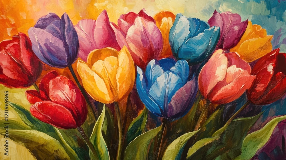 Poster vibrant and colorful tulip bouquet in a beautiful artistic arrangement with soft background tones