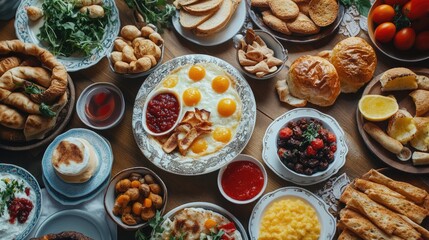 Turkish breakfast table featuring boyoz with a variety of traditional dishes and vibrant colors showcasing culinary delights.